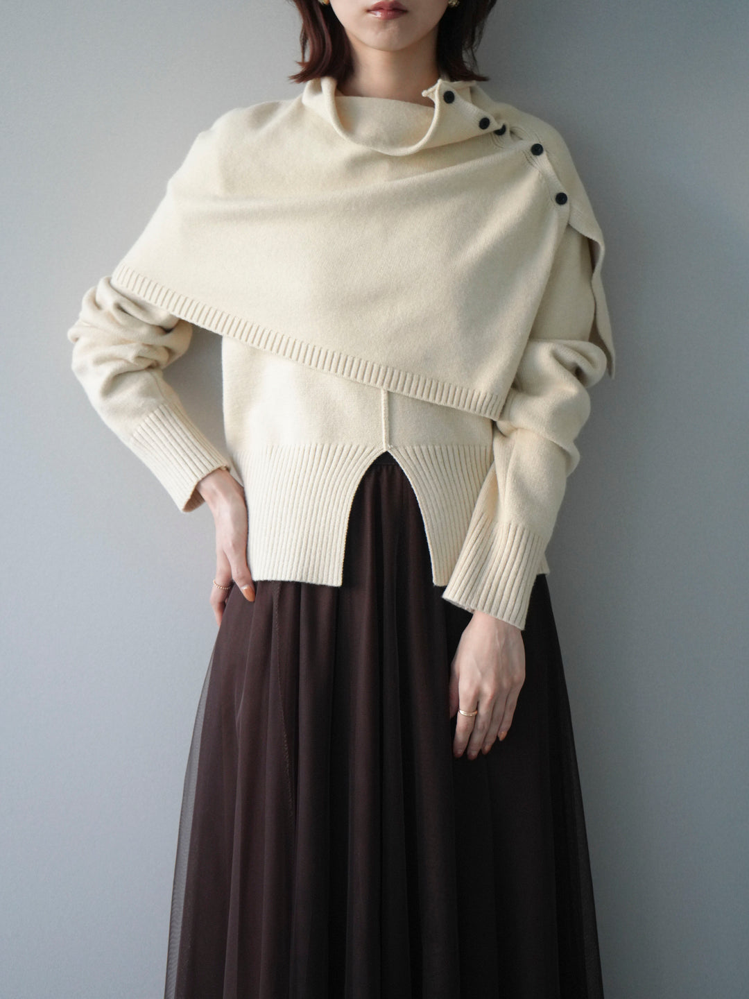 [予約]フロントスリットネックアンサンブルニット/ivory