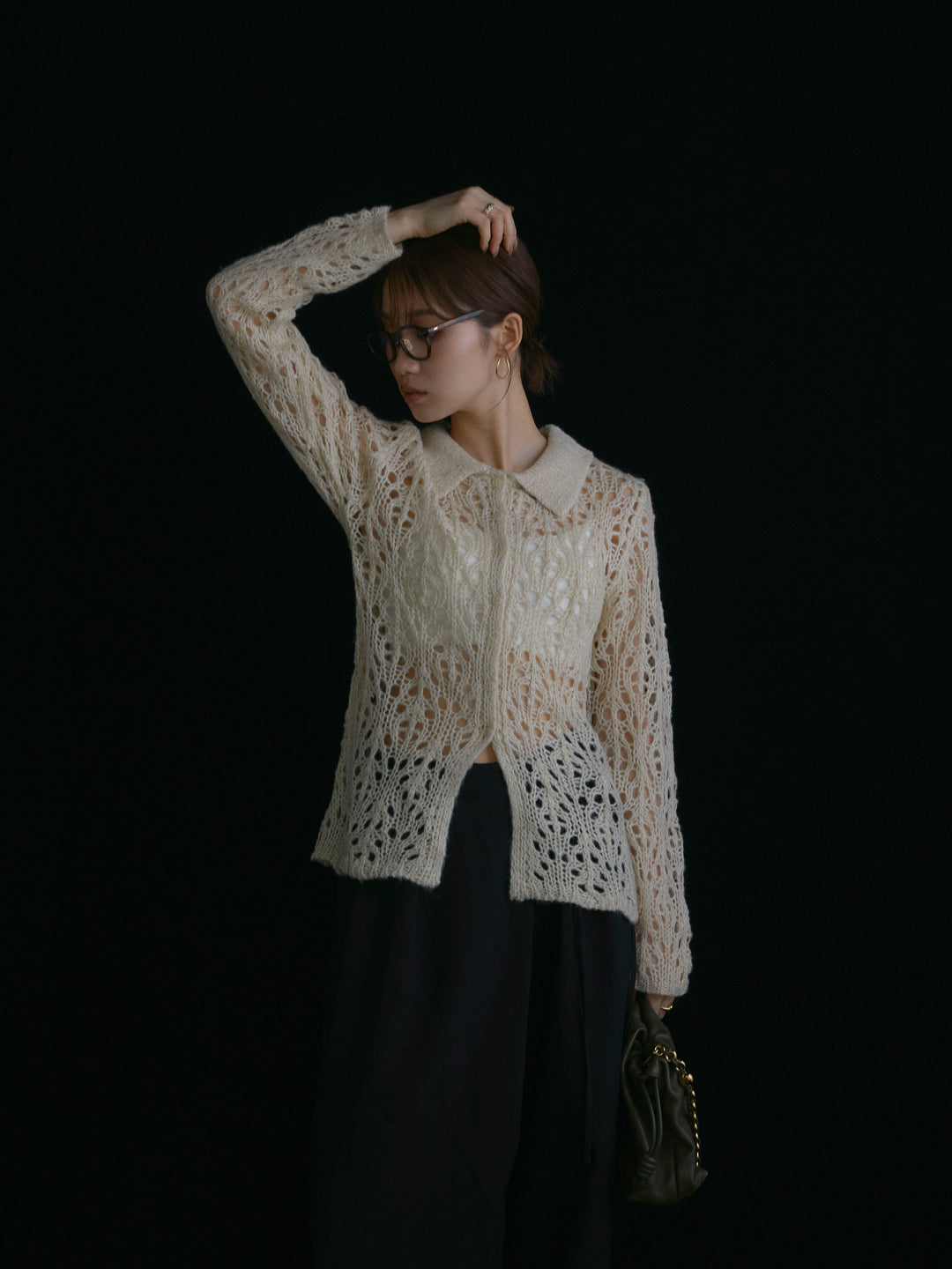 【Allure】[SET]ローゲージ透かし編みポロニッカーディガン+ラップデザインタックワイドパンツ(2set)