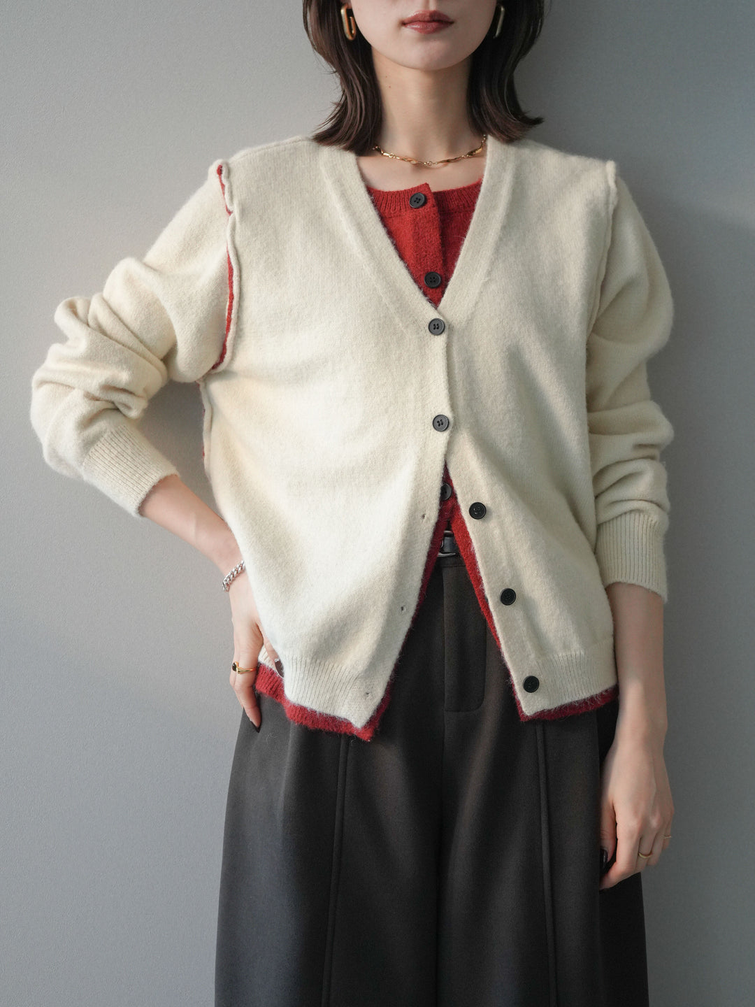 [SET]配色レイヤードニットカーディガン+選べるアクセセット(2set)