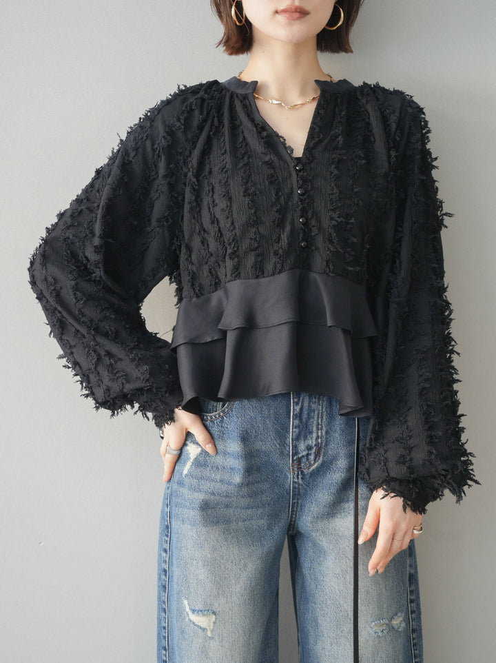 [SET]ジャガードぺプラムフリルブラウス+ジャガードぺプラムフリルブラウス(2set)