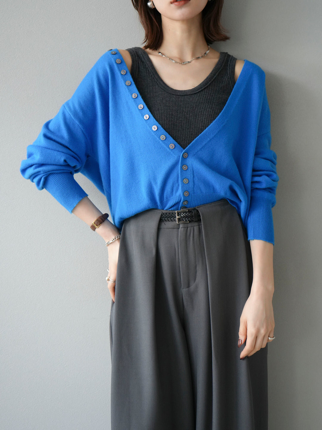 [SET]デザインボタンニットカーディガン＆タンクトップSET+ベルトループデザインワイドパンツ(2set)