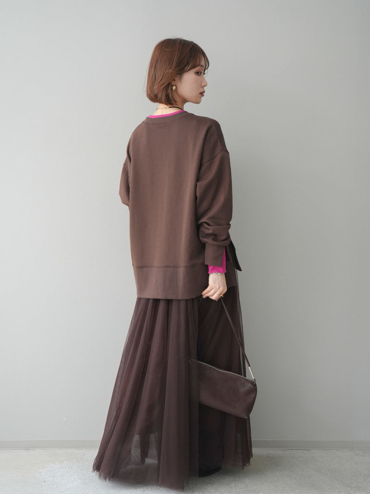 [SET]配色レイヤードデザインスエットプルオーバー+チュールボリュームスカート(2set)