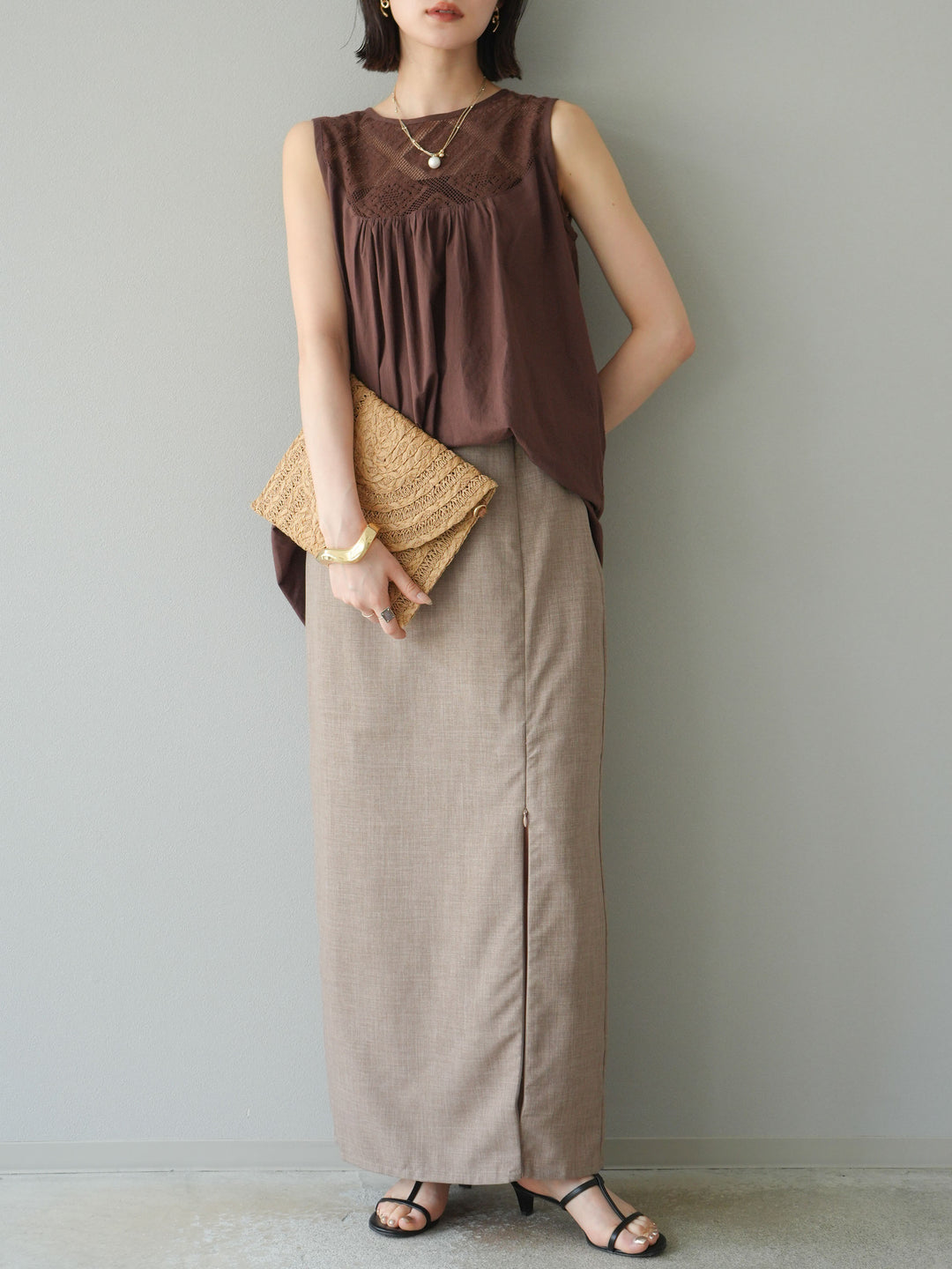 [予約]インド製コットンレース切替ノースリブラウス/ブラウン