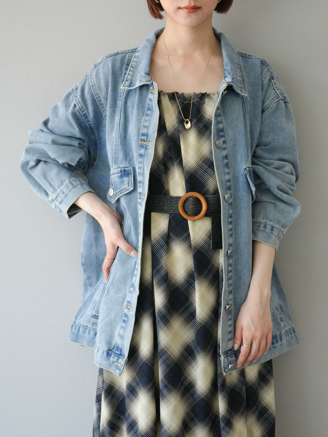 [SET]ベルト付チェックノースリーブワンピース+ビンテージデザインBIGデニムジャケット(2set)