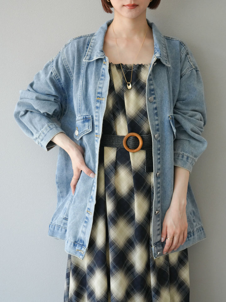 [SET]ベルト付チェックノースリーブワンピース+ビンテージデザインBIGデニムジャケット(2set)