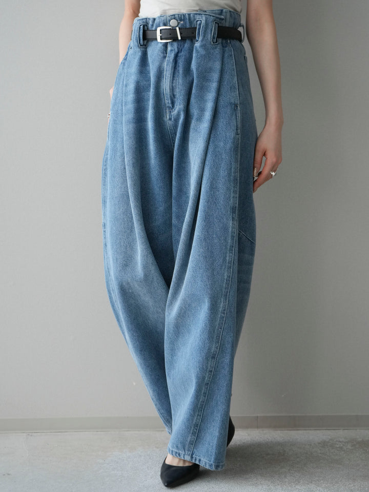 [予約]ハイウエストベルトループデザインデニムパンツ/blue