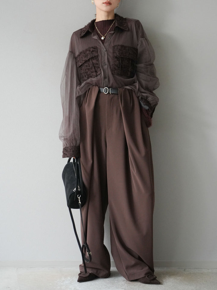 [SET]フリンジジャガード×チュールレイヤードシャツ+アームシャギーランダムリブニットトップス+ベルト付タックワイドパンツ(3set)