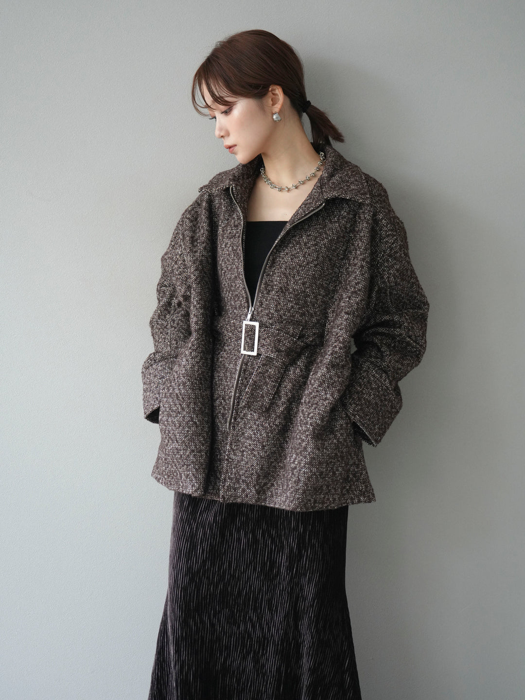 [予約]起毛ツイードベルトぺプラムジャケット/brown