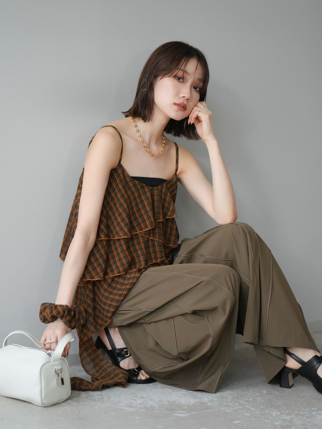 [予約]チェック柄ラッフルキャミソール/ブラウン