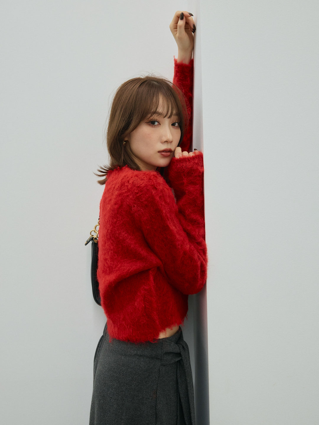 【Allure】[SET]モヘアタッチクロップドニットプルオーバー+ウールタッチウエスト巻きスカート(2set)