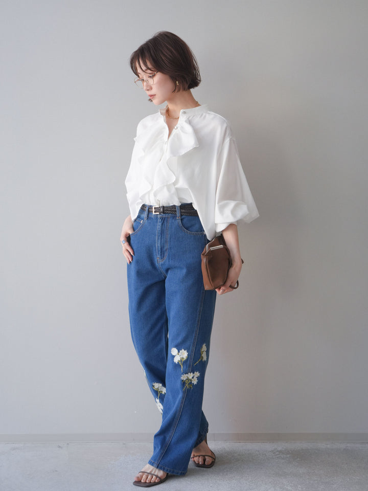[SET]ラッフルフレアショートブラウス+フラワー刺繍ストレートデニム(2set)