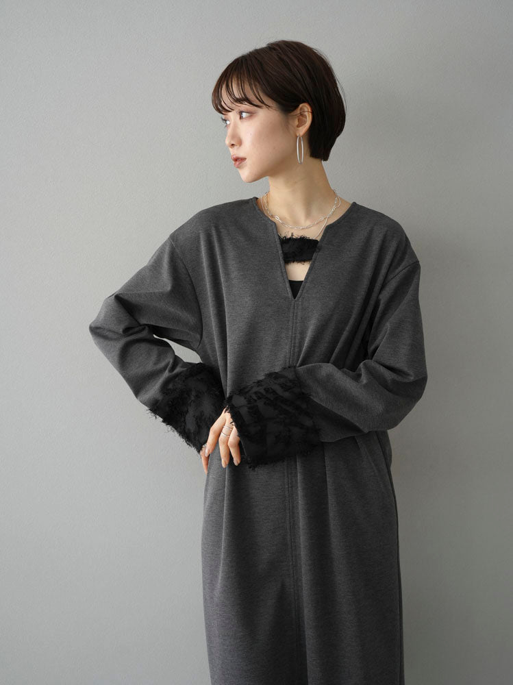 [Pre-order] Fringe jacquard switching dress/charcoal