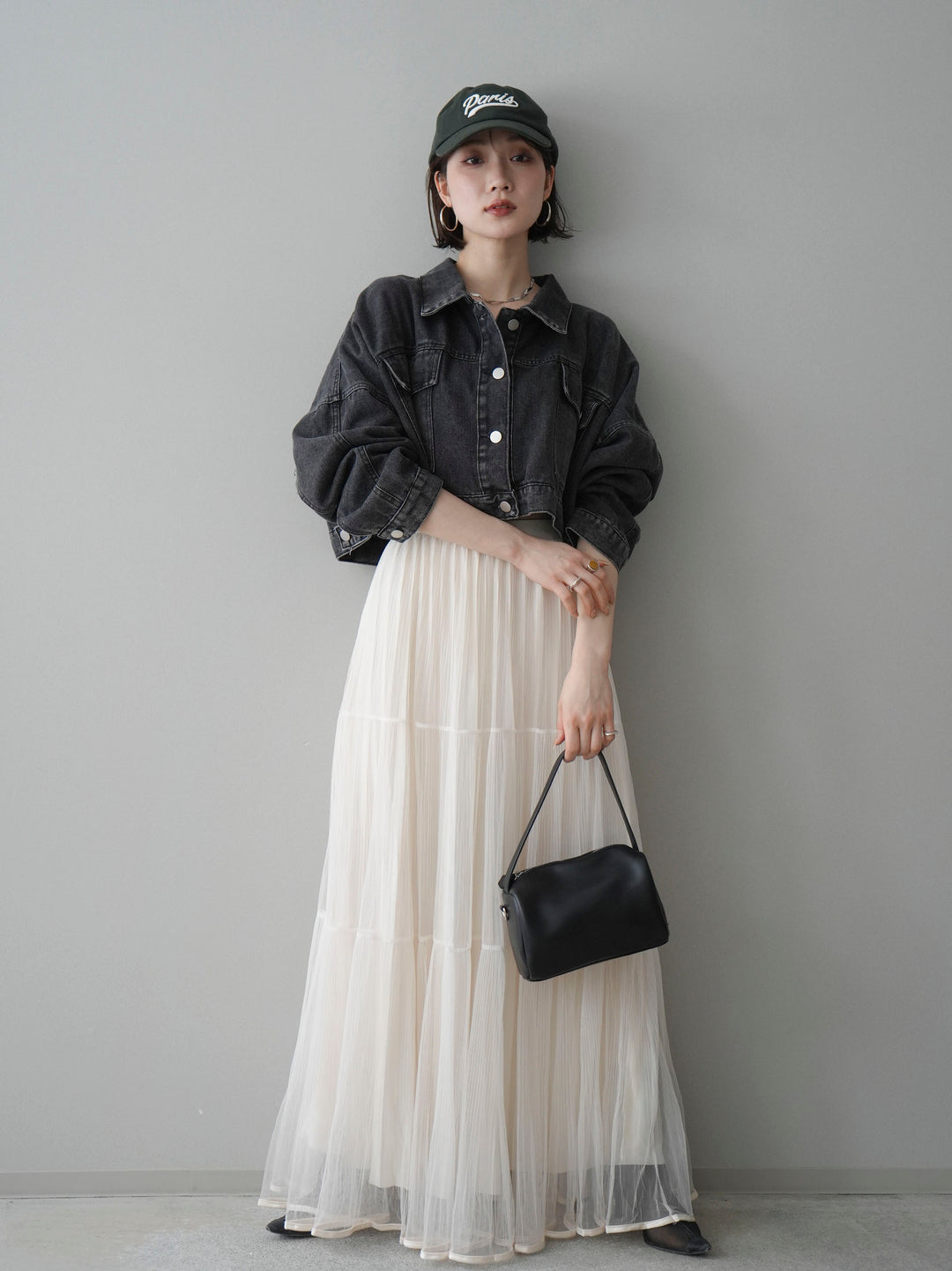 [SET]デニムショートシャツジャケット+ラメプリーツレイヤードチュールロングスカート(2set)