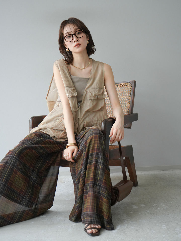 [預購] 尼龍大口袋透視背心/米色