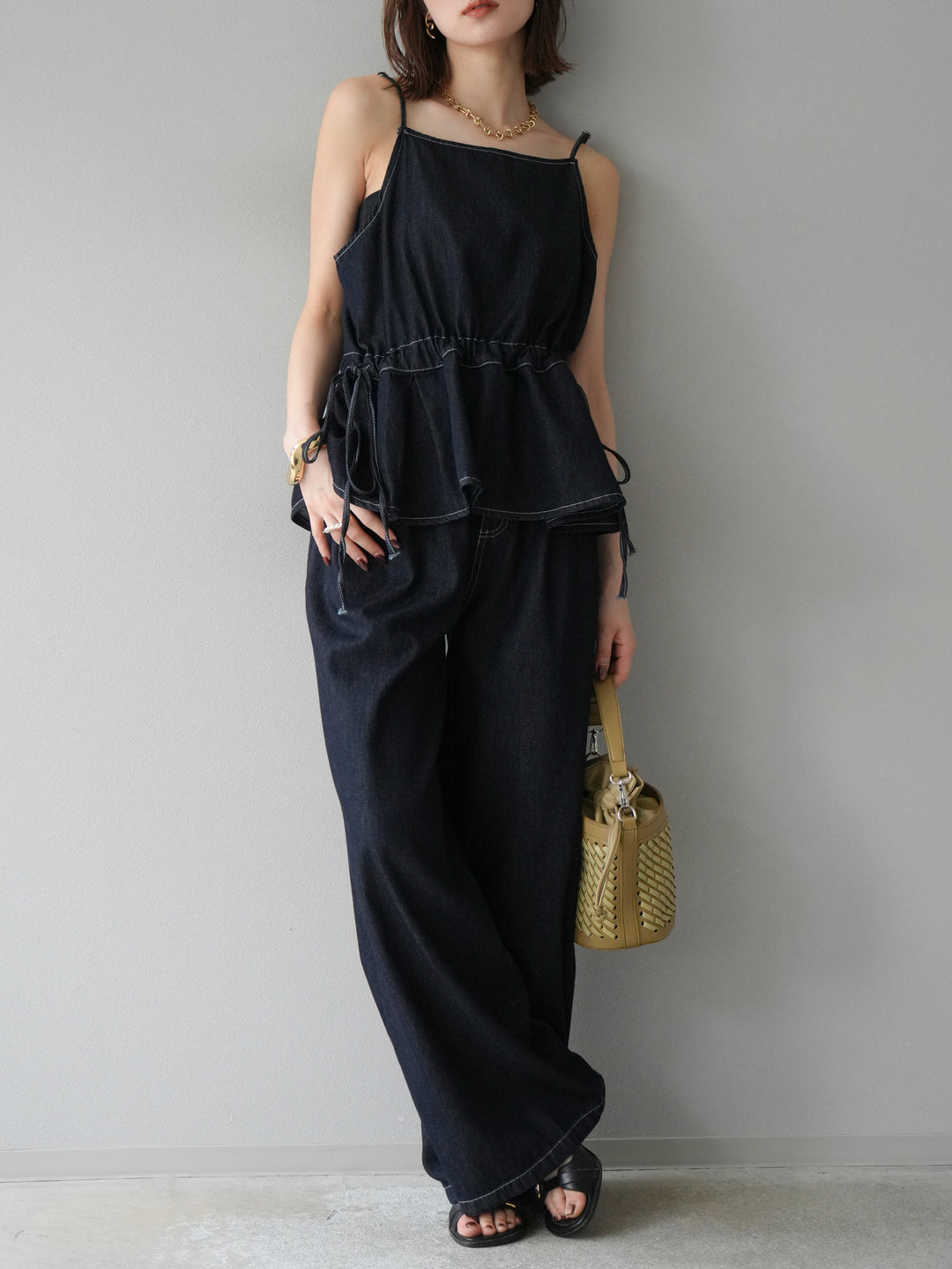[SET]デニムタックフレアキャミソール＆イージーワイドパンツSET UP(2set)