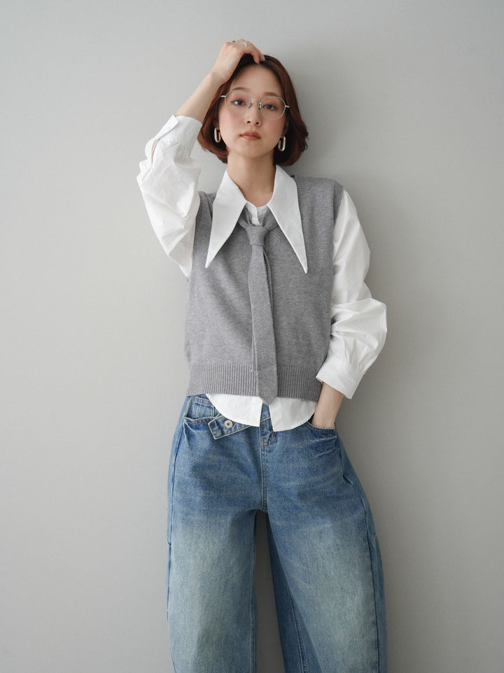 [SET]ボウタイ付ニットベストアンサンブルシャツ+アシメデザインワイドデニムパンツ(2set)
