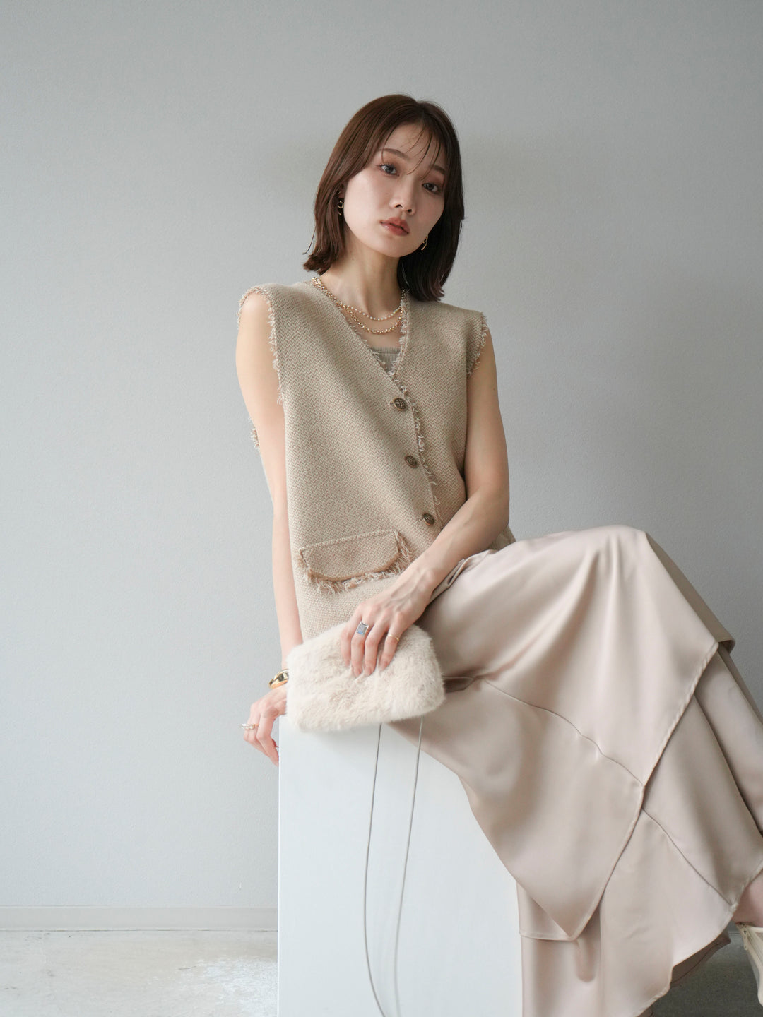 [予約]ツイードライクフリンジニットベスト/ベージュ