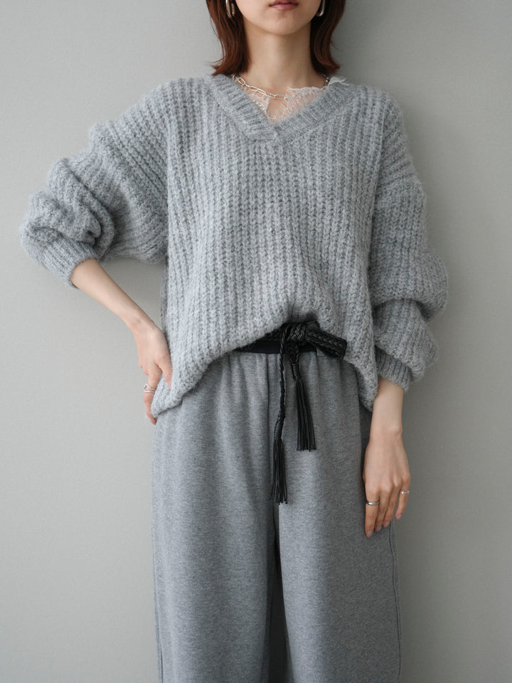 [SET]Vネックレースニットプルオーバー+編み込みベルト付きウエスト配色スエットパンツ(2set)