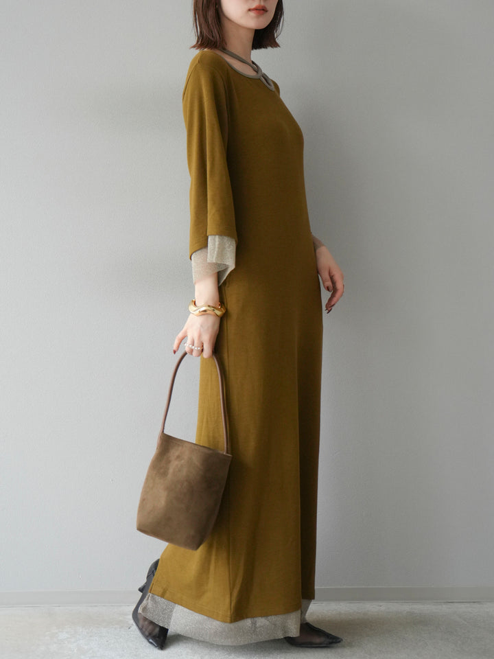 [予約]デザインネックラメシアー切替ニットワンピース/カーキ