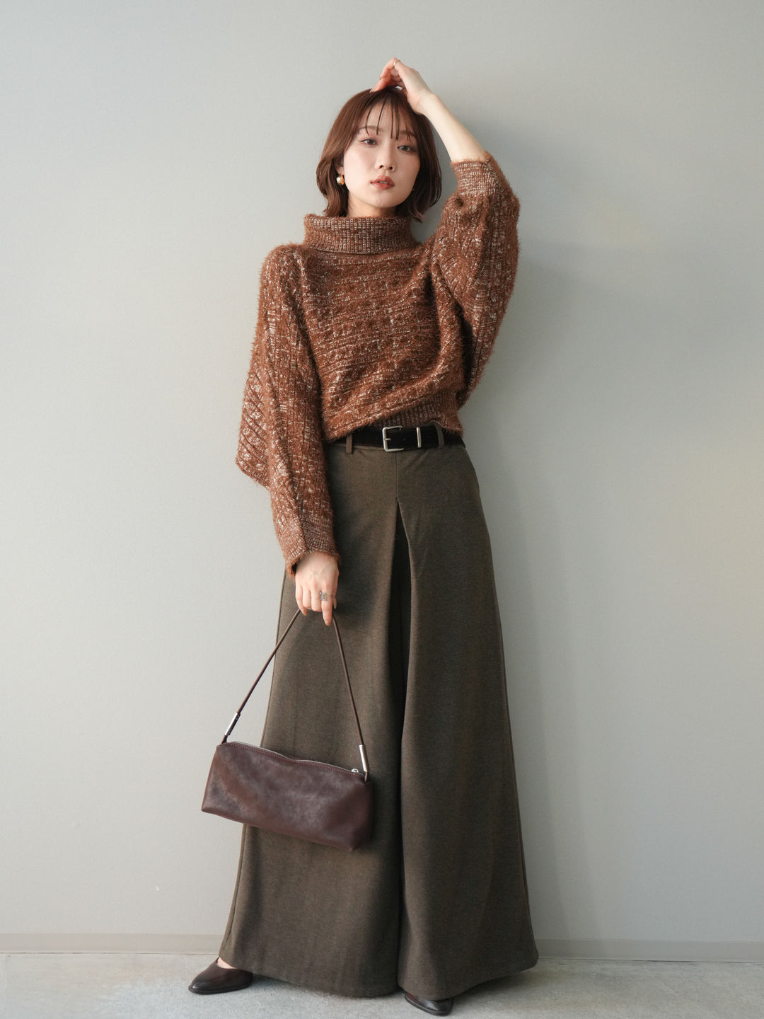 [予約]ベルト付きフロントタックワイドパンツ/brown