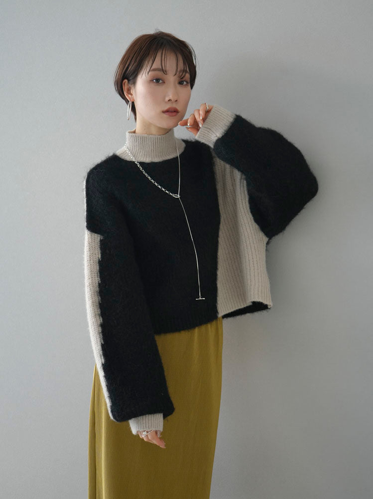 [Pre-order] Bicolor high-neck short knit pullover made from different materials / Black