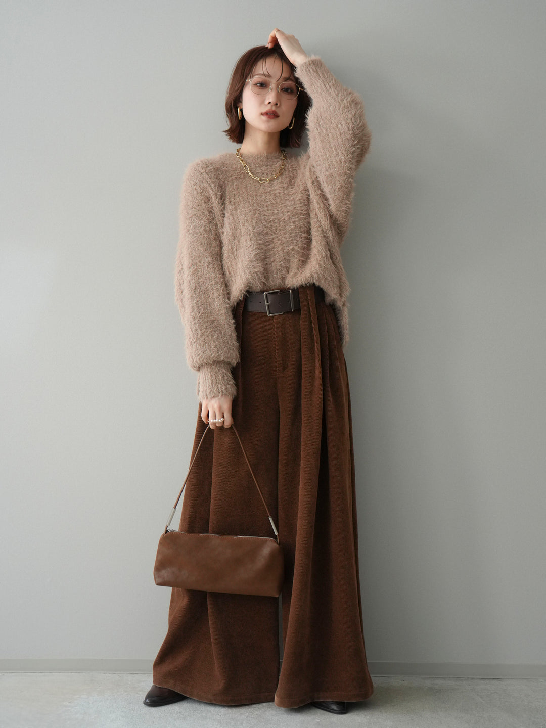 [SET]ボリュームスリーブシャギー MIXニットプルオーバー+ベルトデザインループコールテンワイドパンツ(ベルト付き)(2set)