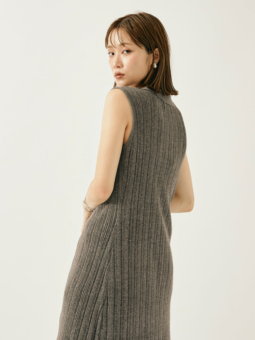 【Allure】[SET]襟付きランダムリブロングニットカーディガン+シャイニースラブシアーワイドパンツ(2set)