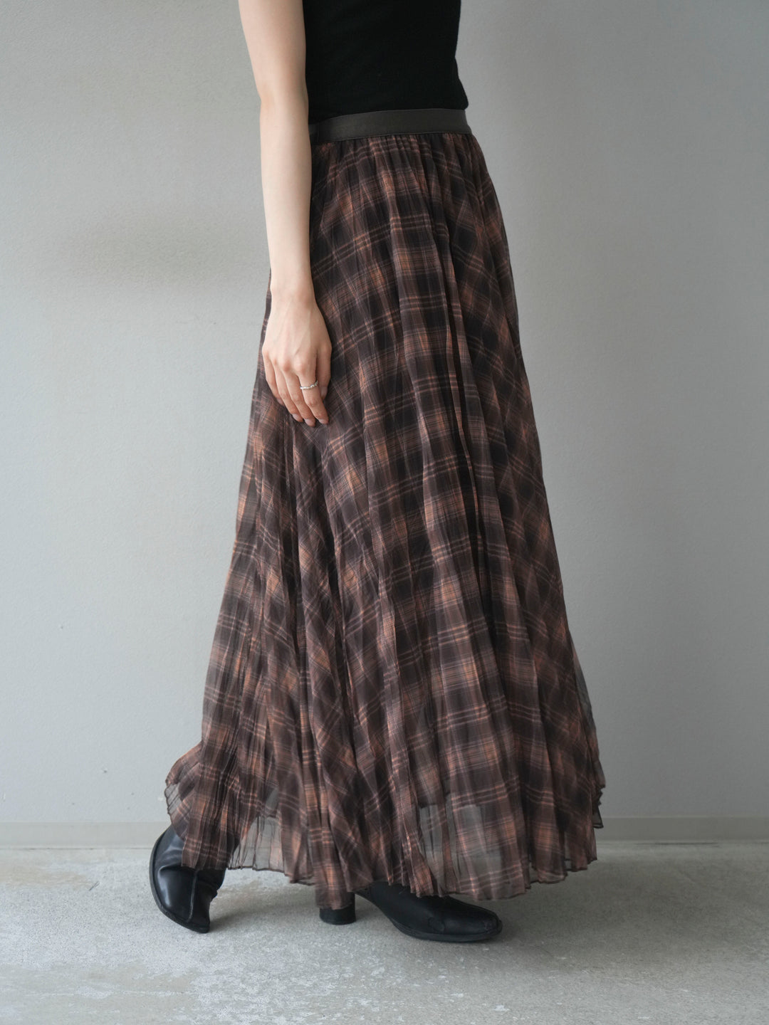 [予約]チェック柄ワッシャープリーツスカート/yellow