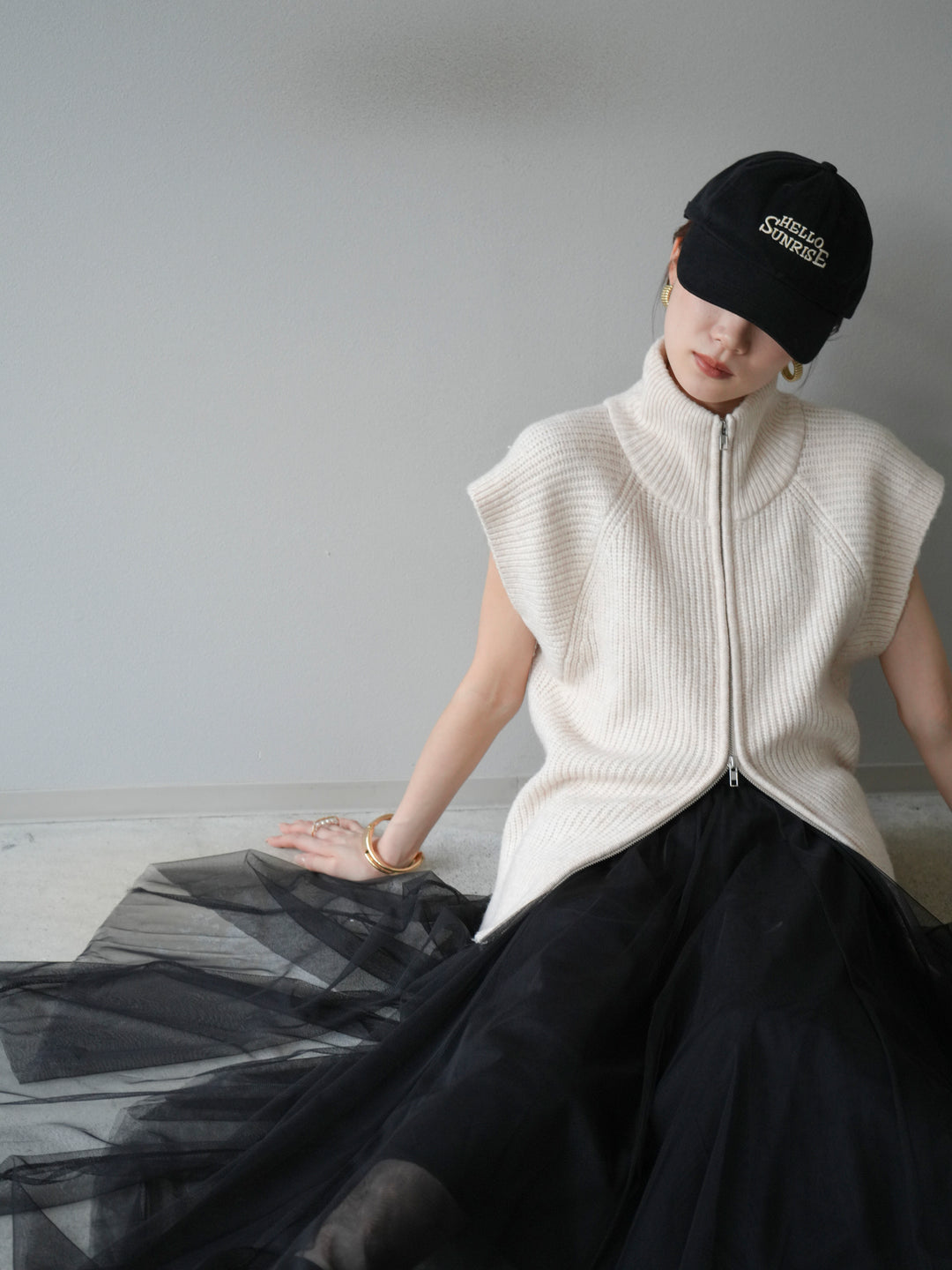 [予約]ダブルZIPハイネック畦編みニットベスト/オートミール