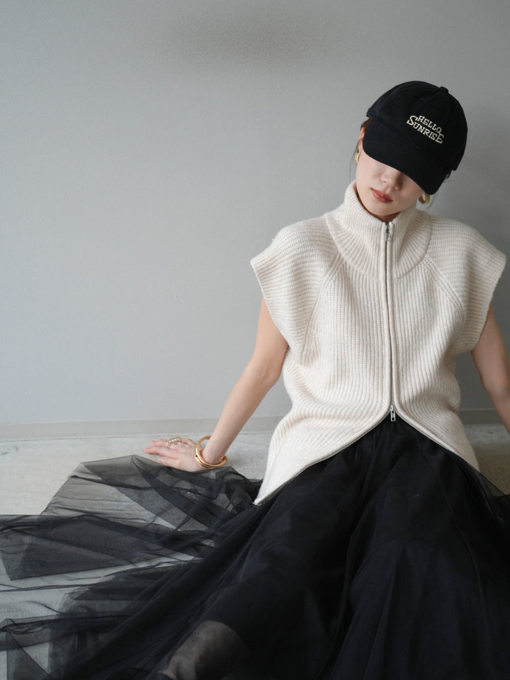 [予約]ダブルZIPハイネック畦編みニットベスト/オートミール