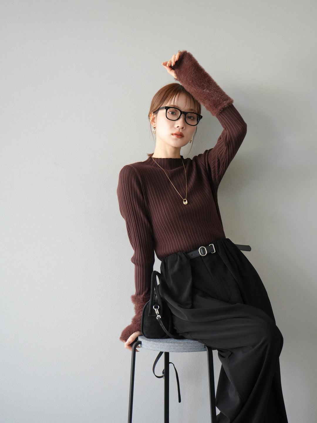 [予約]アームシャギーランダムリブニットトップス/ブラウン