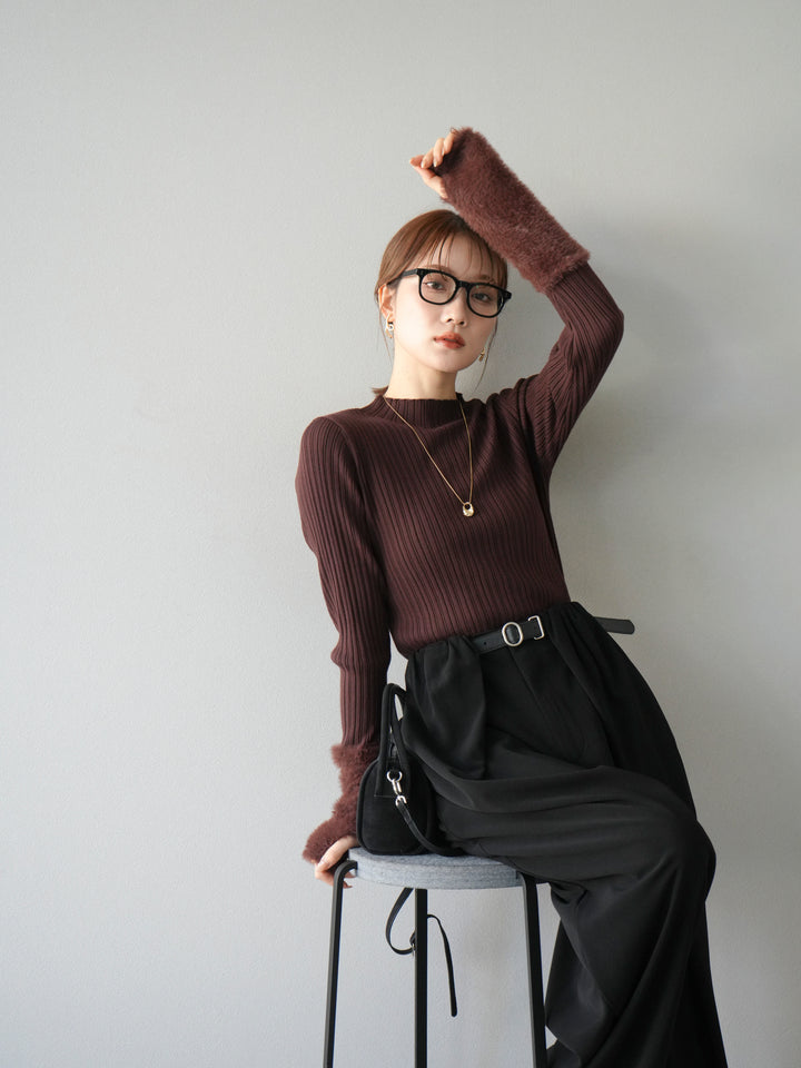 [予約]アームシャギーランダムリブニットトップス/ブラウン