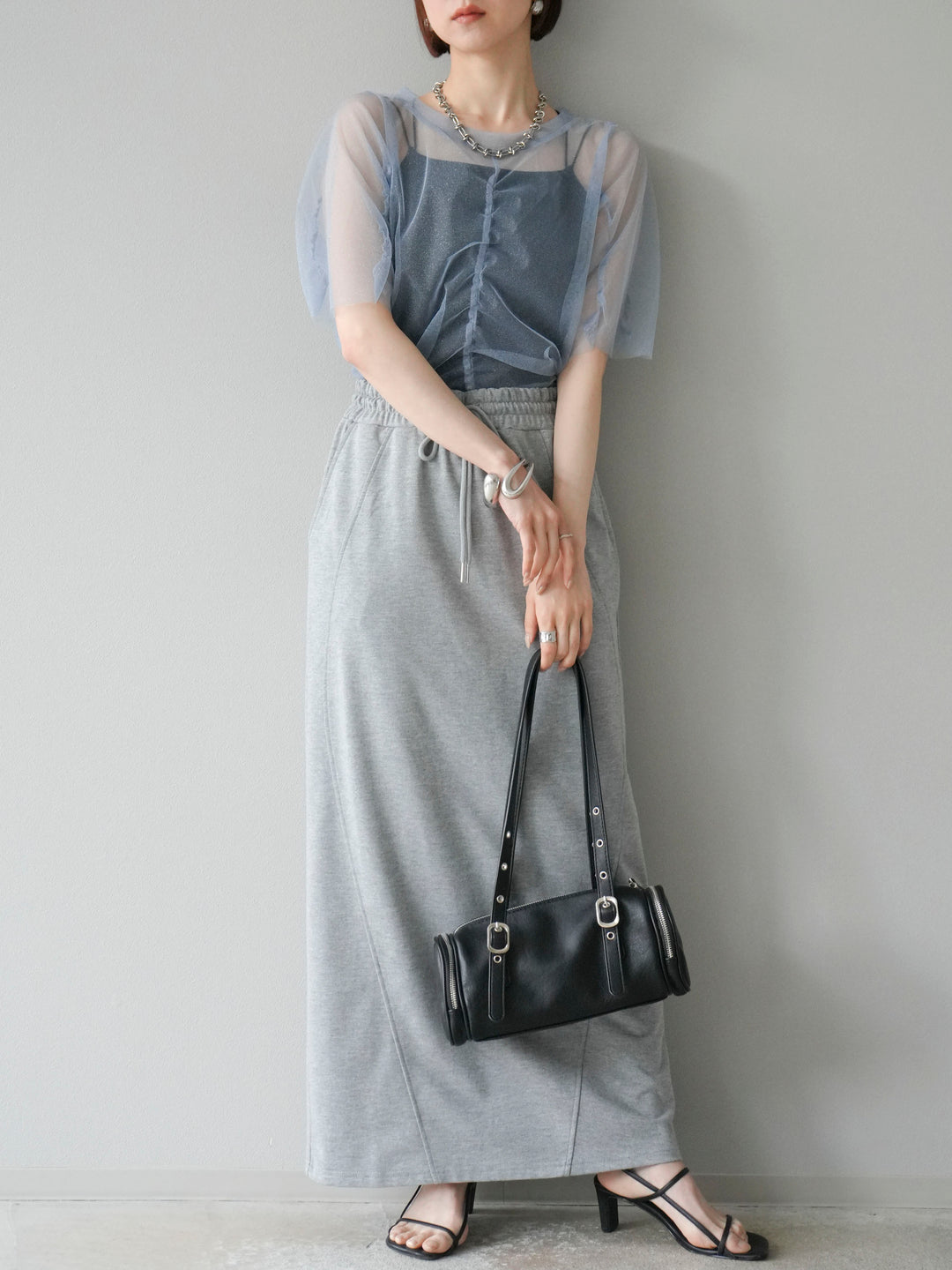 [SET]ラメチュールシャーリングプルオーバー+スウェットロングスカート(2set)