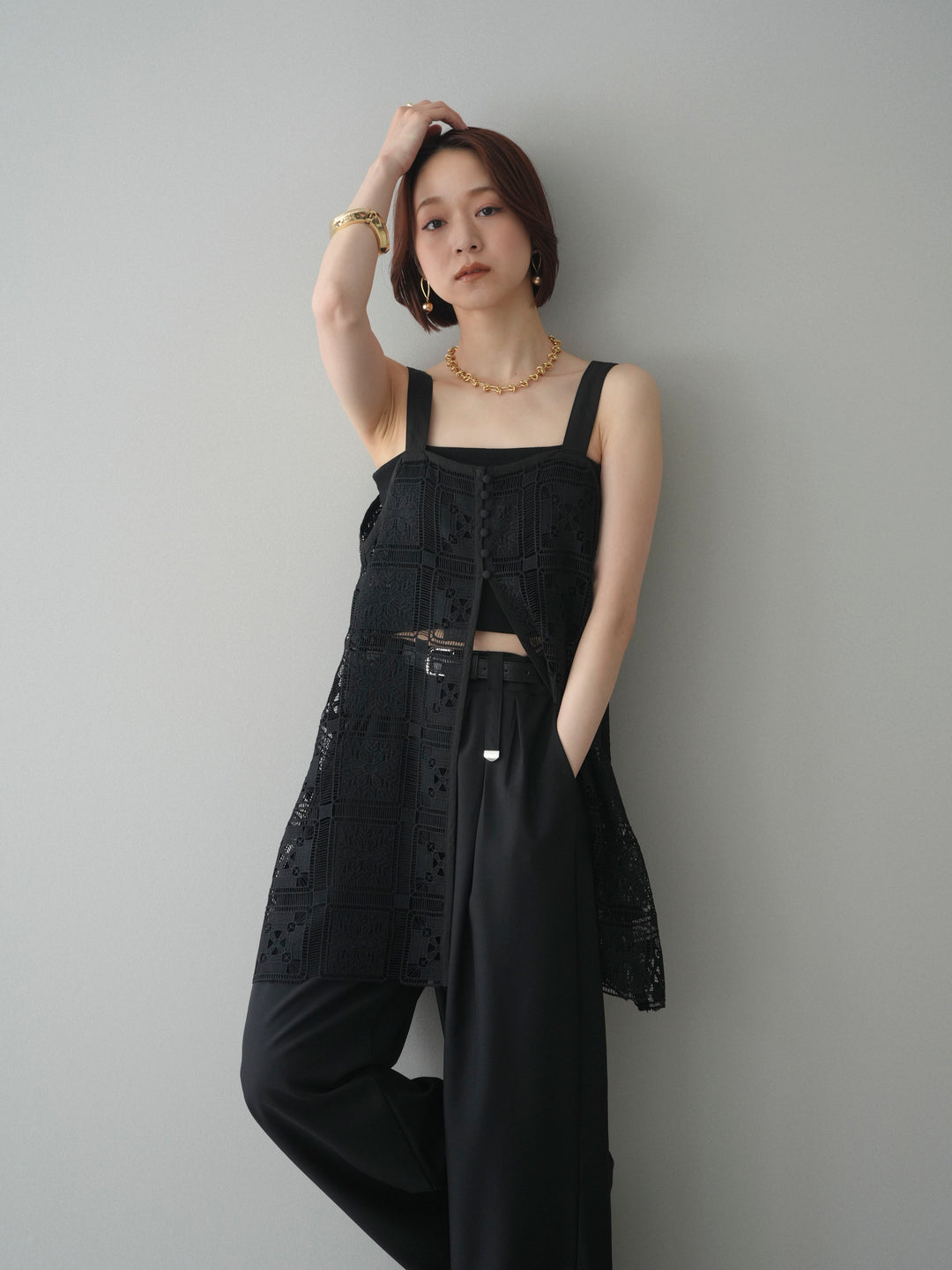 [SET]配色パネルレースキャミソール+ベルト付キーホルダーモチーフワイドパンツ(2set)