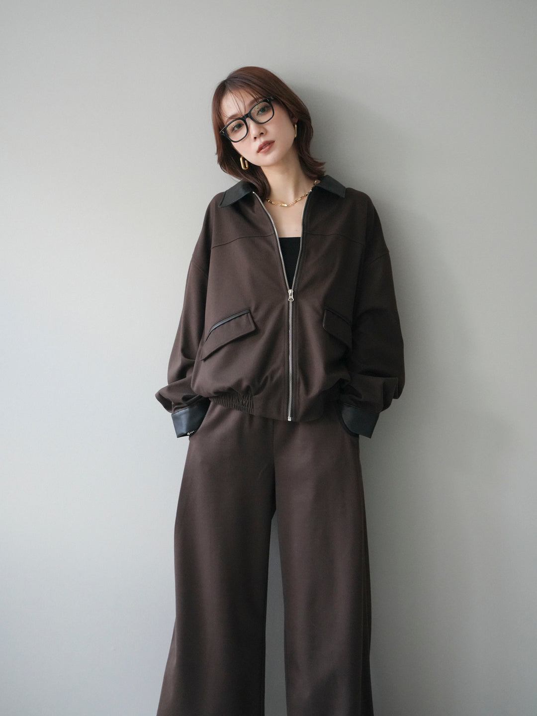 [予約]レザー襟配色パイピングブルゾン/brown