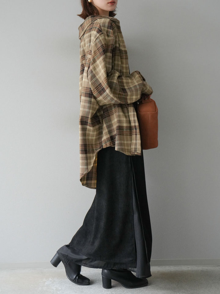 [予約]サイドスリットスウェードドッキングシフォンスカート/ブラック