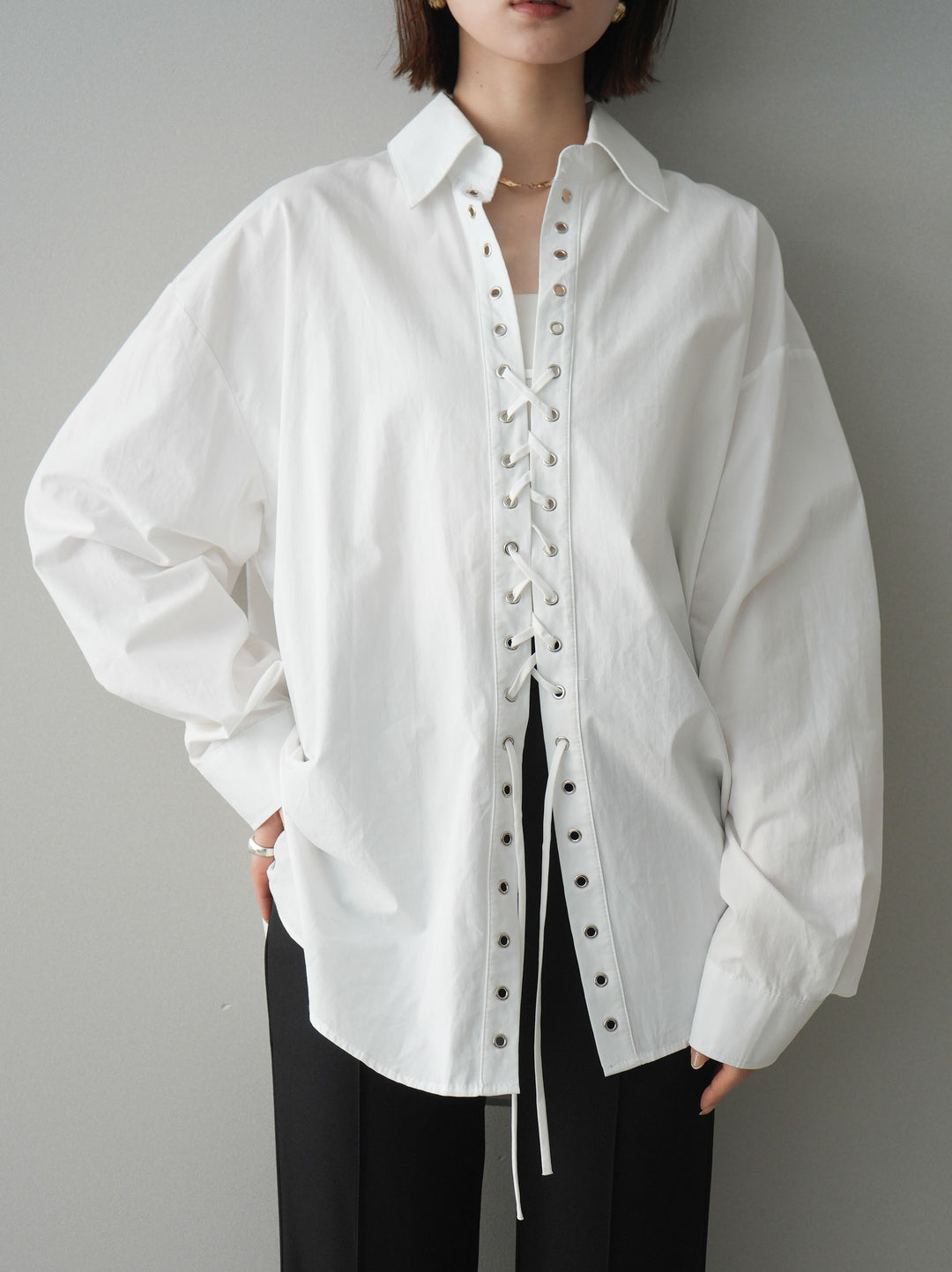 [SET]レースアップブロードシャツ+センターシームフレアパンツ(2set)