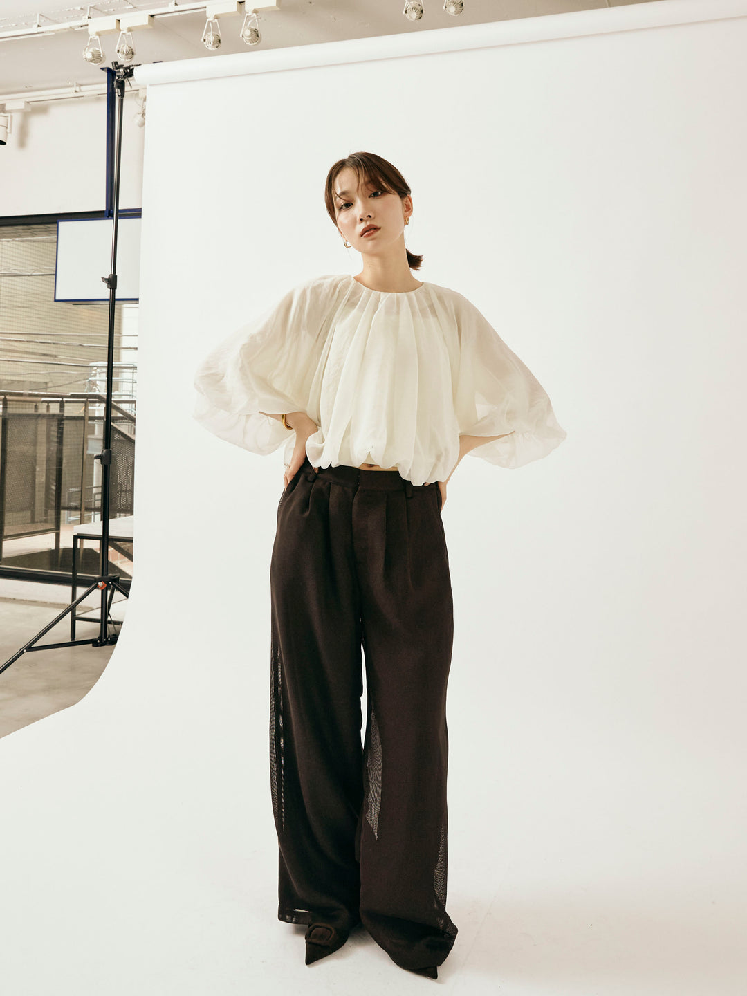 [予約]メッシュタックワイドパンツ/ブラウン