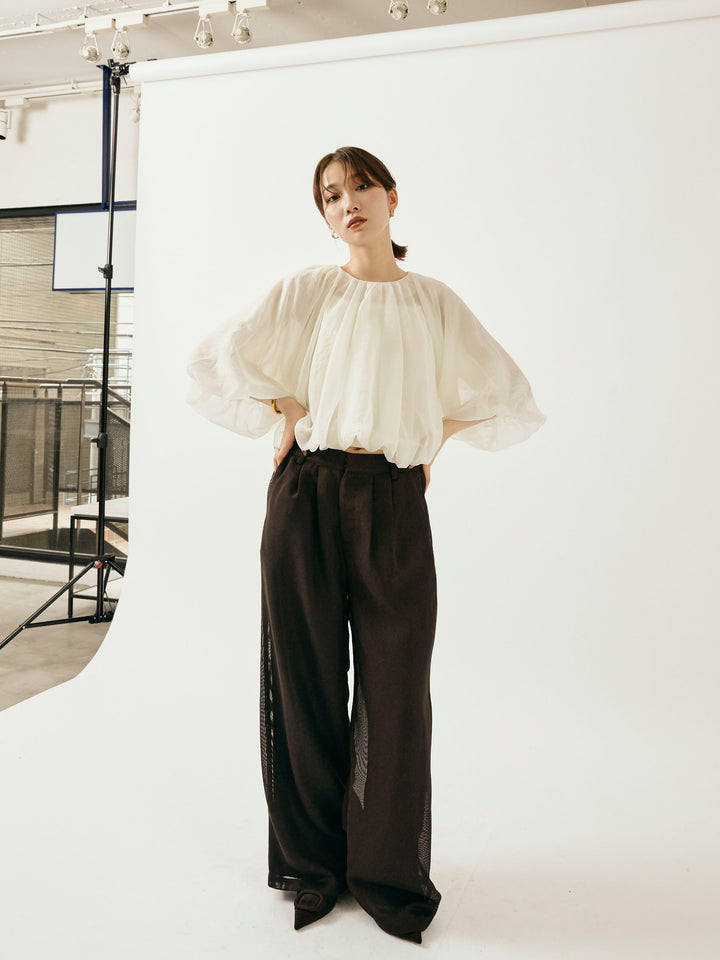 [予約]メッシュタックワイドパンツ/ブラウン