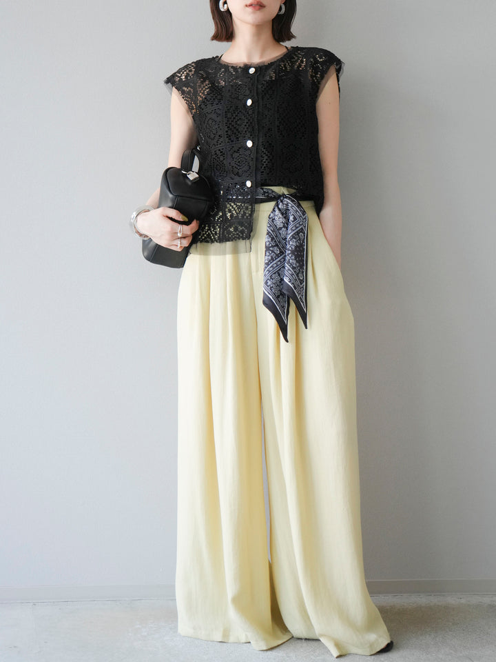 [予約]スカーフベルト付3タックワイドパンツ/イエロー