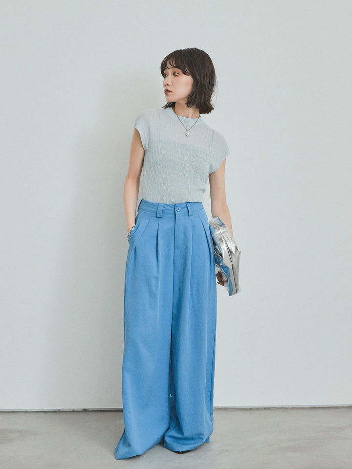 【預訂】亞麻觸感褶邊闊腿褲/藍色