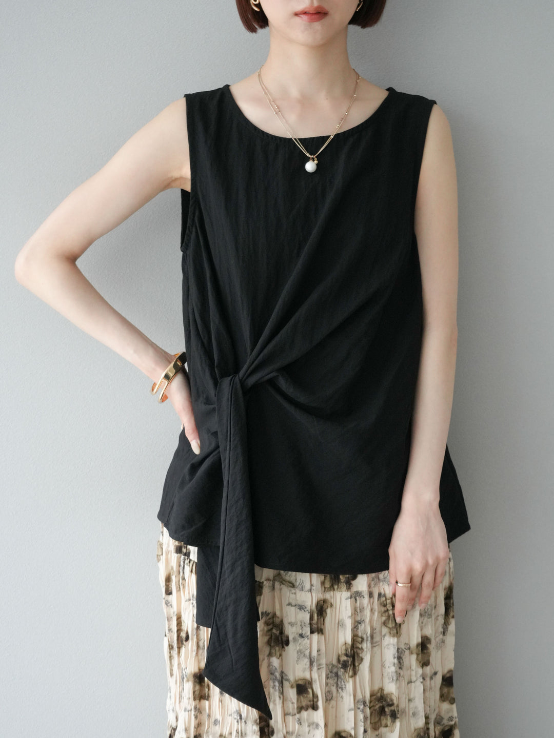 [SET]フロント巻きノースリーブブラウス+フラワーワッシャーロングスカート(2set)