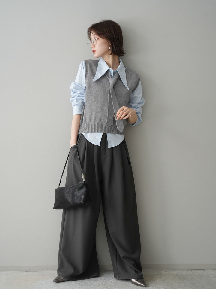 [予約]編み込みベルト付タックワイドパンツ/gray