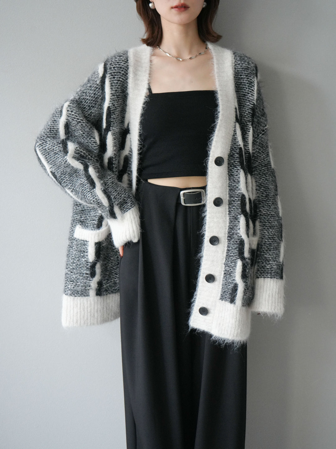 [SET]バイカラー編み込みデザインニットカーディガン+ベルトループデザインワイドパンツ(2set)