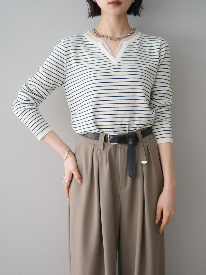 [SET]チュールレイヤードデザインボーダーニットトップス+選べるアクセセット(2set)