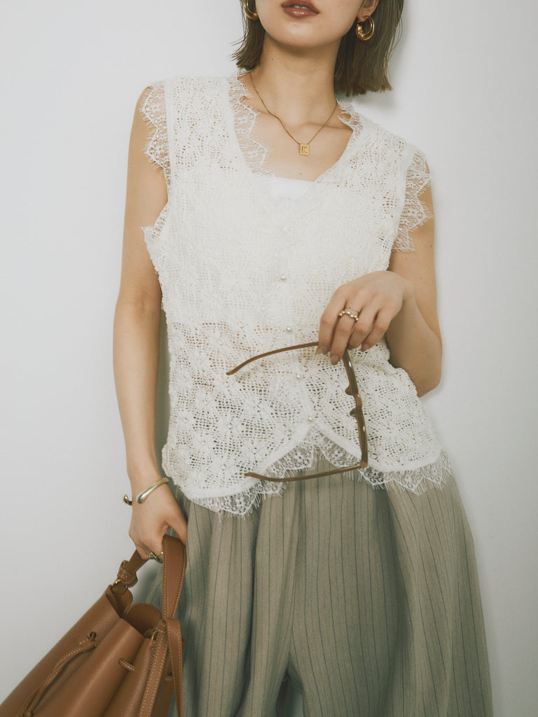 予約]レース切替テープヤーンノースリーブトップス/オフホワイト – Lumier 