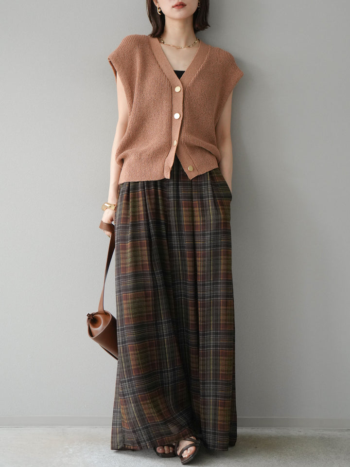 [預購] 透視格紋寬鬆褲/棕色