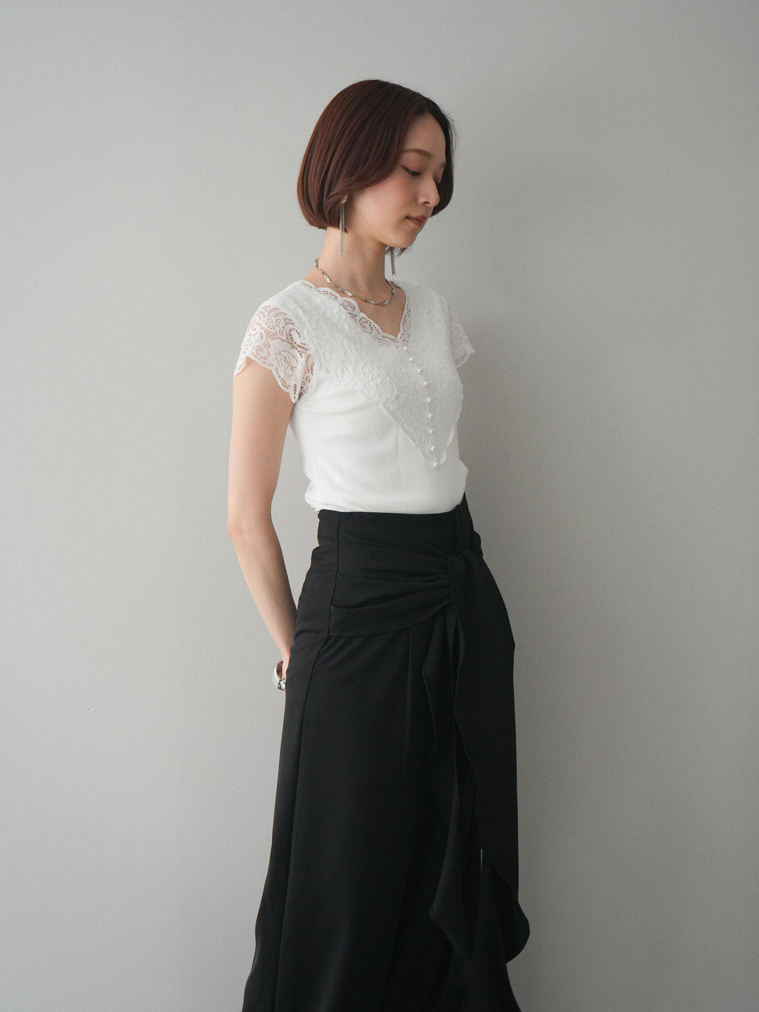 [予約]パールボタンレース切替ニットトップス/white