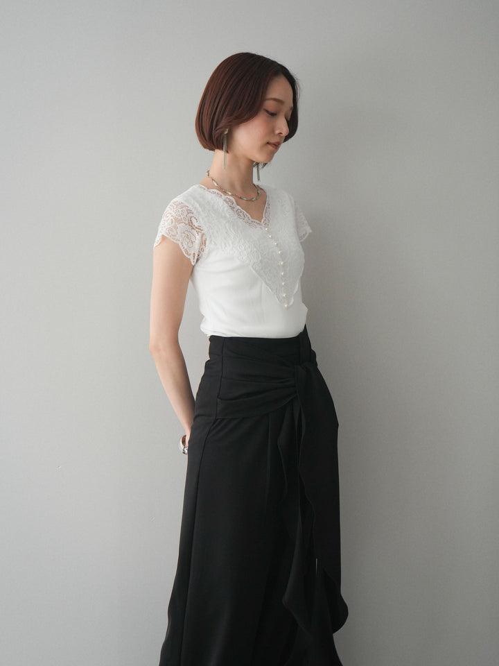 [予約]パールボタンレース切替ニットトップス/white