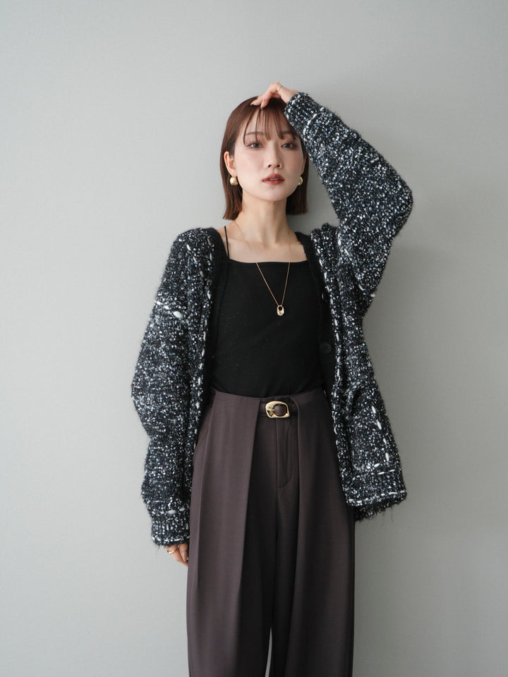 [SET]ブークレハンドステッチニットカーディガン+ベルトループデザインワイドパンツ(2set)